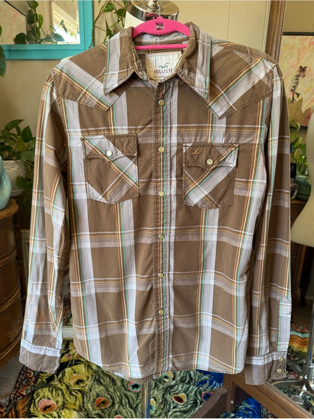 Hollister Mens S Western Plaid Pearl Snap Long Sleeve Shirt Brown Green Cotton